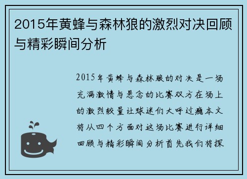 2015年黄蜂与森林狼的激烈对决回顾与精彩瞬间分析